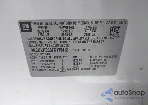 2015 Chevrolet Silverado 1500 2Lt from USA, damaged, VIN 3GCUKREC8FG175412